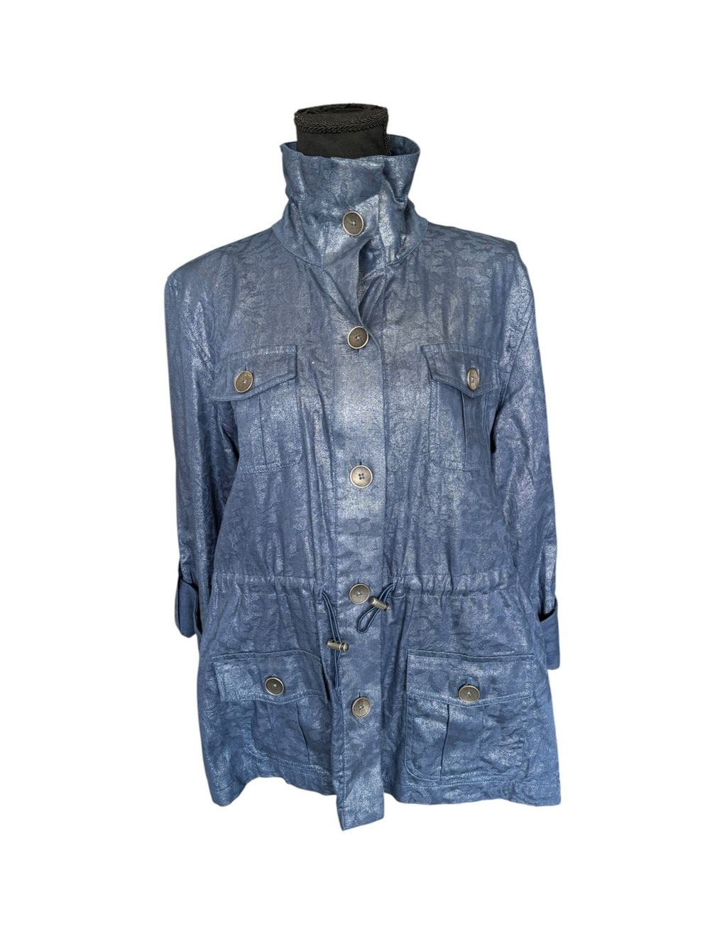 Chico’s Blue Metallic Floral Jacquard Utility Jacket US 12/14 Drawstring Safari